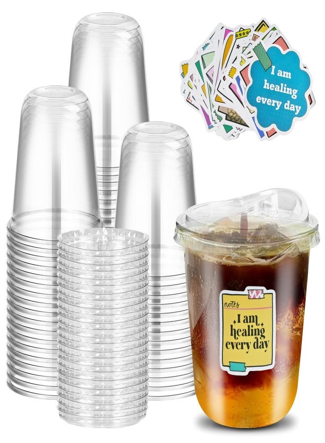Xlong 50 Sets Clear Plastic Cups with Strawless Sip Lids 12 Oz Disposable Round Bottom Iced Coffee Cups with Lids and Inspiring Stickers for Cold Drinks,Juice, Bubble Boba Tea,Smoothie, To Go Cup - Image 1